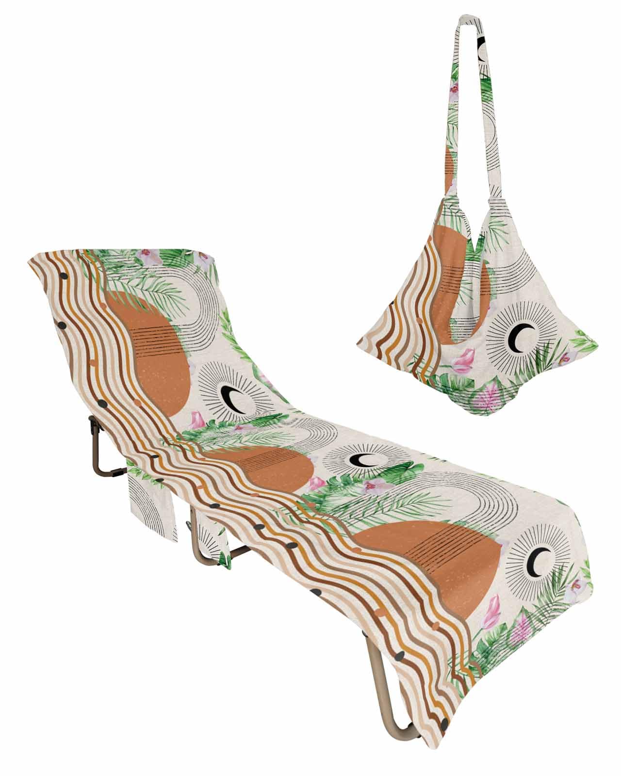 Geometric Boho Beach Chair Towel Covers for Chaise Lounge with Side Pocket, Soft Plush Pool Towels Cover for Patio Sunbathing Outdoor 29''x85'' Vintage Modern Stripes Middle Century