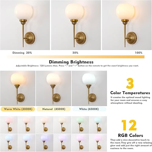 Miniatura 6 de HEQIQEH Lámpara de pared recargable vintage con pantalla de vidrio de globo blanco, lámpara de pared inalámbrica regulable con control remoto para