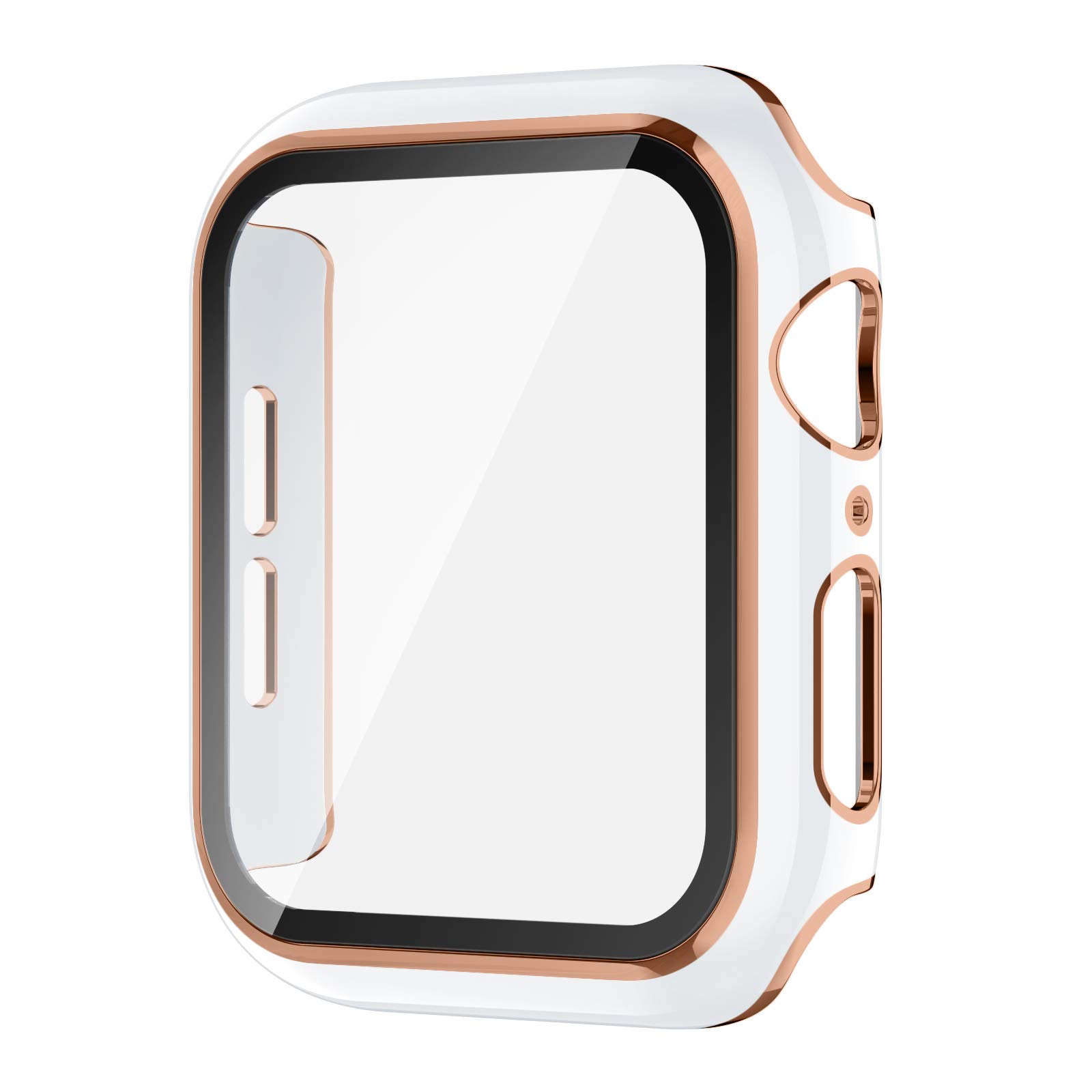 iGK Case Compatible Apple Watch 38 mm Series 3/2/1 Built-in Tempered Glass Screen Protector, Rose Gold Edge White Bumper Full Coverage HD Clear Protective Film Cover for Women Men iWatch 38mm