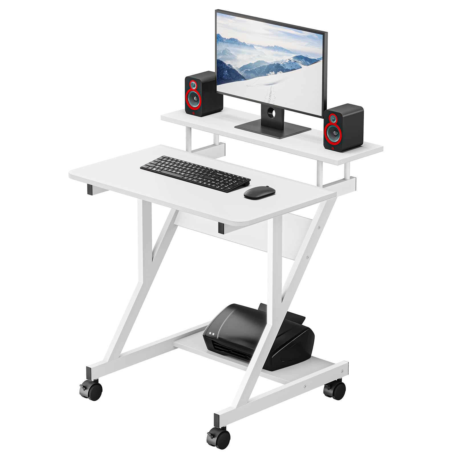 Dripex Bureau d'ordinateur Stable en Forme de Z avec roulettes, Mobile avec Étagères pour Petit Espace,Table d'Ordinateur pour Bureau et Domicile, 70x60x79CM-Blanc