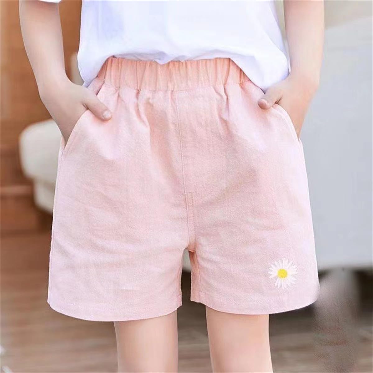 3er Pack Mädchen Shorts Hotpants Sommer Baumwolle Leinen Kurze Hosen mit Daisy Stickerei Baby Kinder Sommerhosen Leichte Atmungsaktive Einfarbige Lässige Kurz Hose Gr. 86/98/104/116/128/134/146