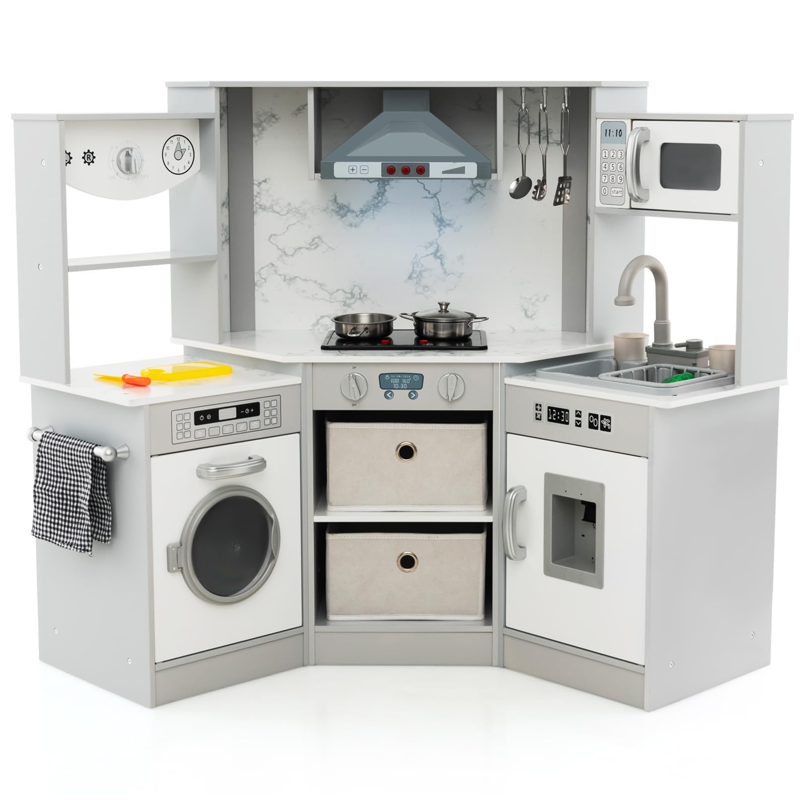 GYMAX Cucina da Gioco ad Angolo, Cucina Giocattolo in Legno con Luci e Suoni Realistici, Sistema di Circolazione dell'Acqua, Lavatrice e Accessori, per Bambini dai 3 Anni+ (Grigio)