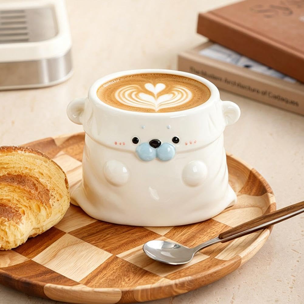 Tasse en céramique avec sceau mignon - 500 ml - Fabriquée à la main - Esthétique - Motif dessin animé - Cadeau unique pour les amoureux des animaux, parfait pour les anniversaires et les occasions