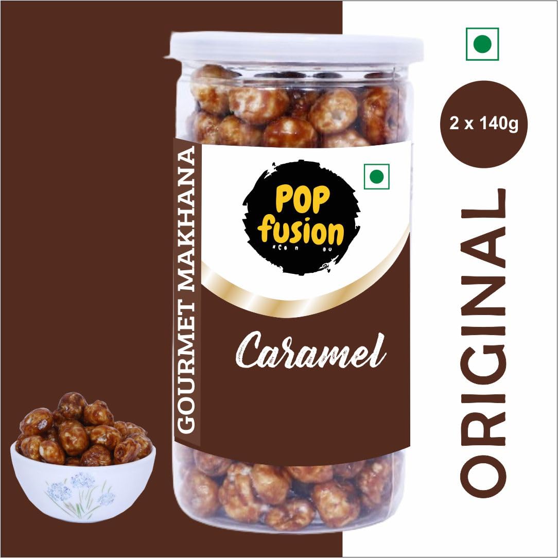 Popcorn Fusion Roasted & Flavoured Makhana- Classic Salted Caramel Makhana, Low Fat Snacks With Airtight Glass Jar- (Pack Of 2, 140 G Each) 1