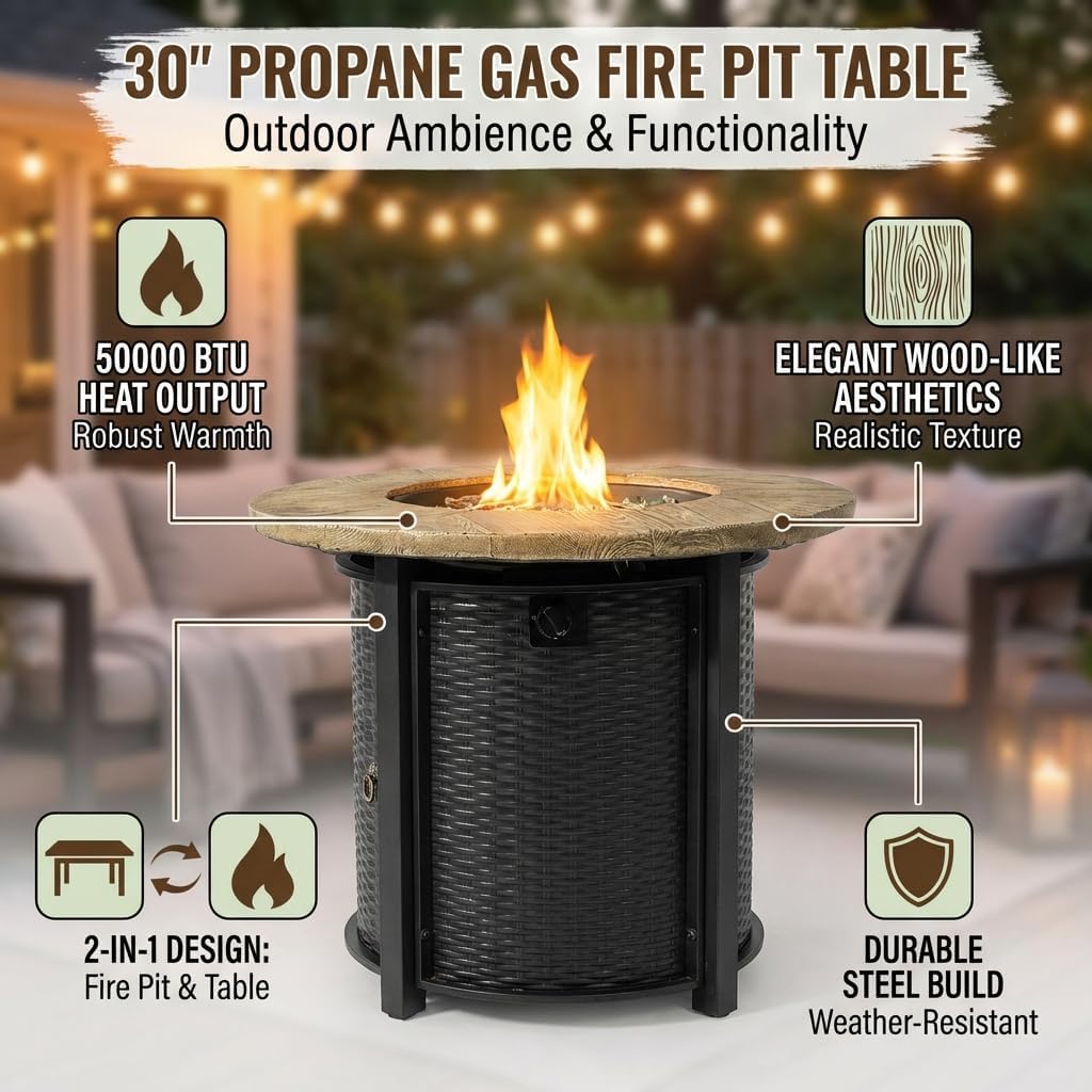 30 Inch Propane Gas Fire Pit Table, Round Outdoor Firepit with 50000 BTU Output, Imitation Wood Grain Finish, Weather-Resistant Steel Construction for Patio, Deck, Garden, Backyard Use – Black