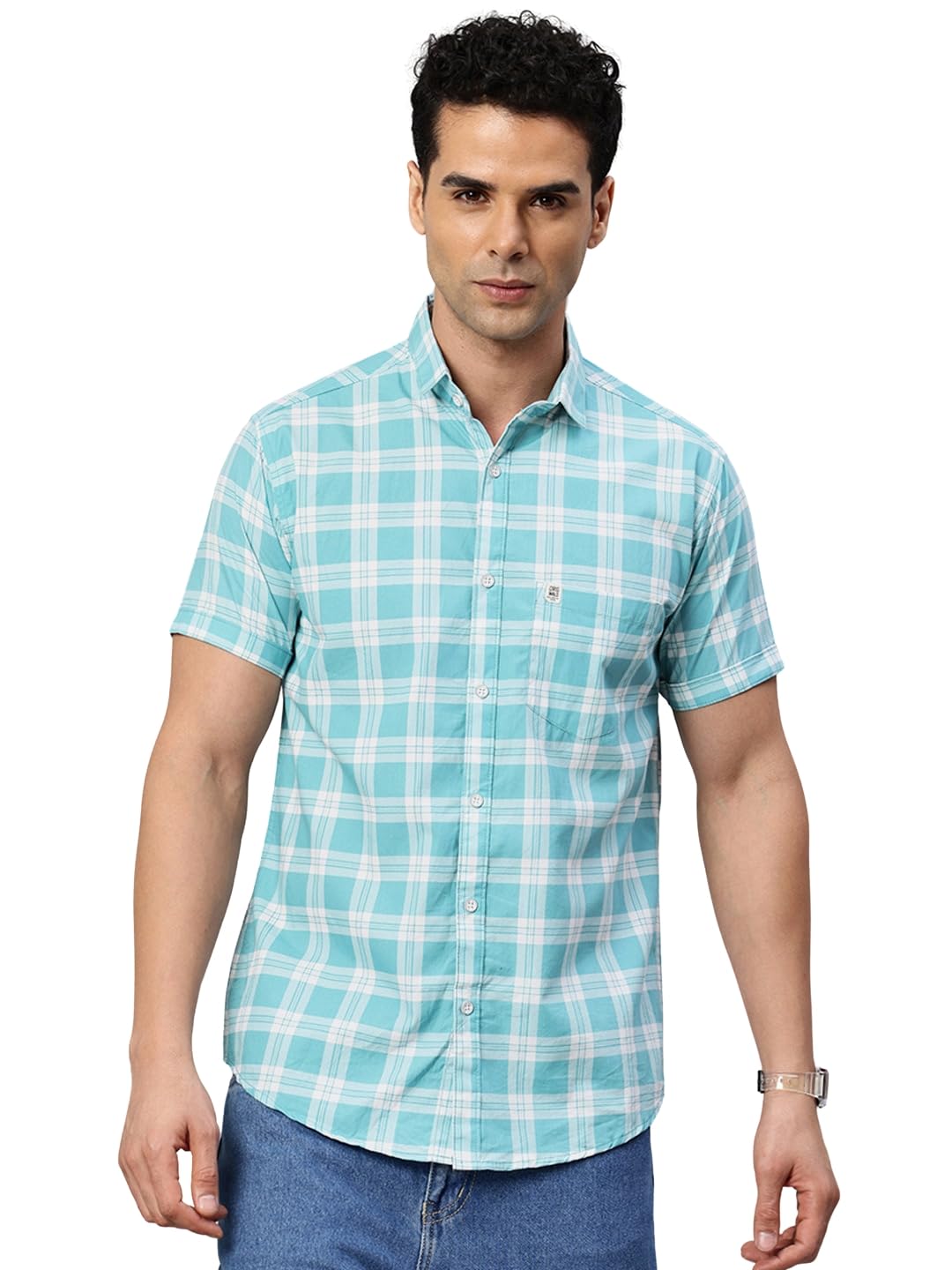 Slim Fit Pure Cotton Checked Half Sleeve Casual Shirt-image-38