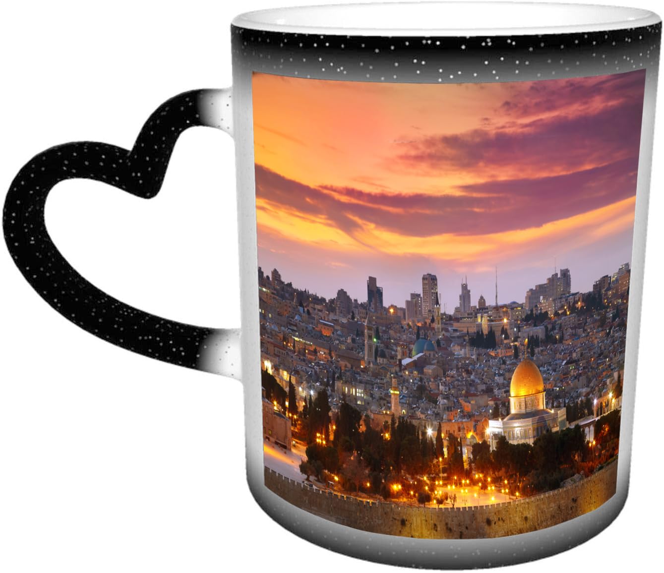 DOHXQMCoffee Mugs,Colour Changing Mug 11oz,Ceramic Heated Novelty Coffee Cup of,Funny Mugs for Men,Friends and Lover.,Old City of Jerusalem Historic City Center Israel Twilight View