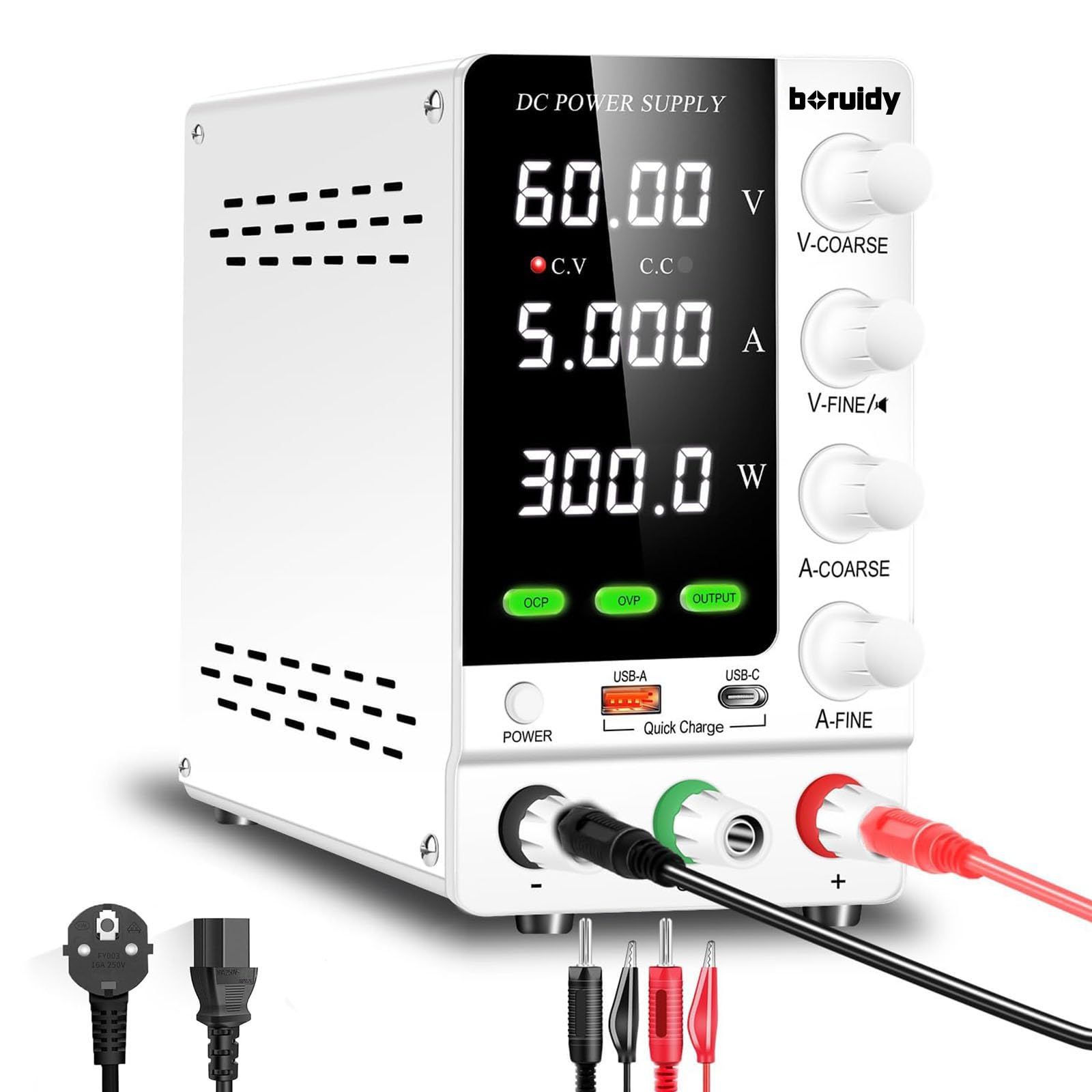 Alimentatore da Labotorio Alimentatore Stabilizzato Banco 60V 5A, Alimentatore DC Regolabile da Display LED a 4 Cifre, con Porta di Ricarica 18W USB, Pulsante OUTPUT, Manopola Encoder