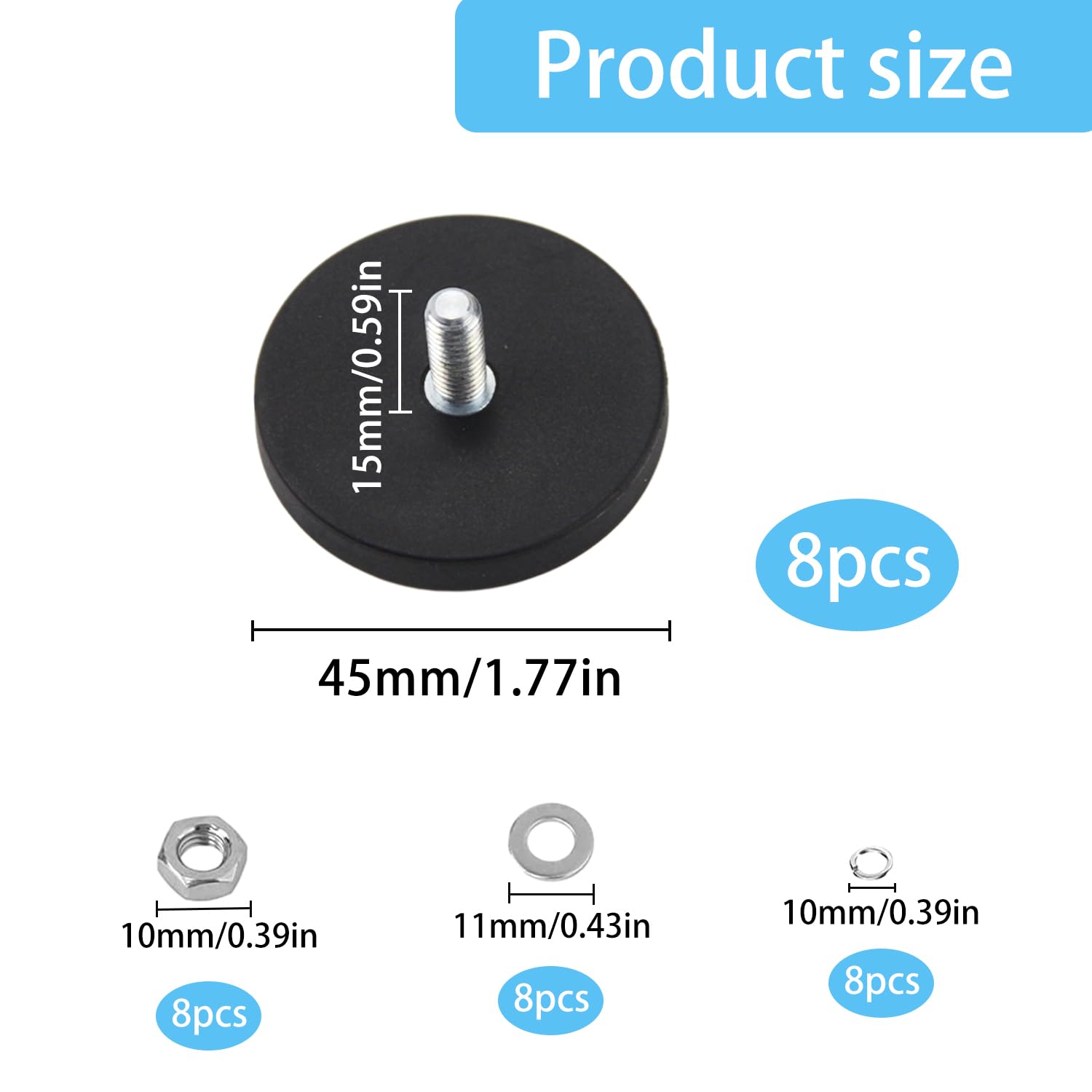 8 Stücke Magnet Mit Gewinde Neodym Magnet-System Gummiert Starke Magnete Ø 43mm Mit M6 Außengewinde 10kg Haftkraft für Schrauben Öse Oder Haken (Schwarz)