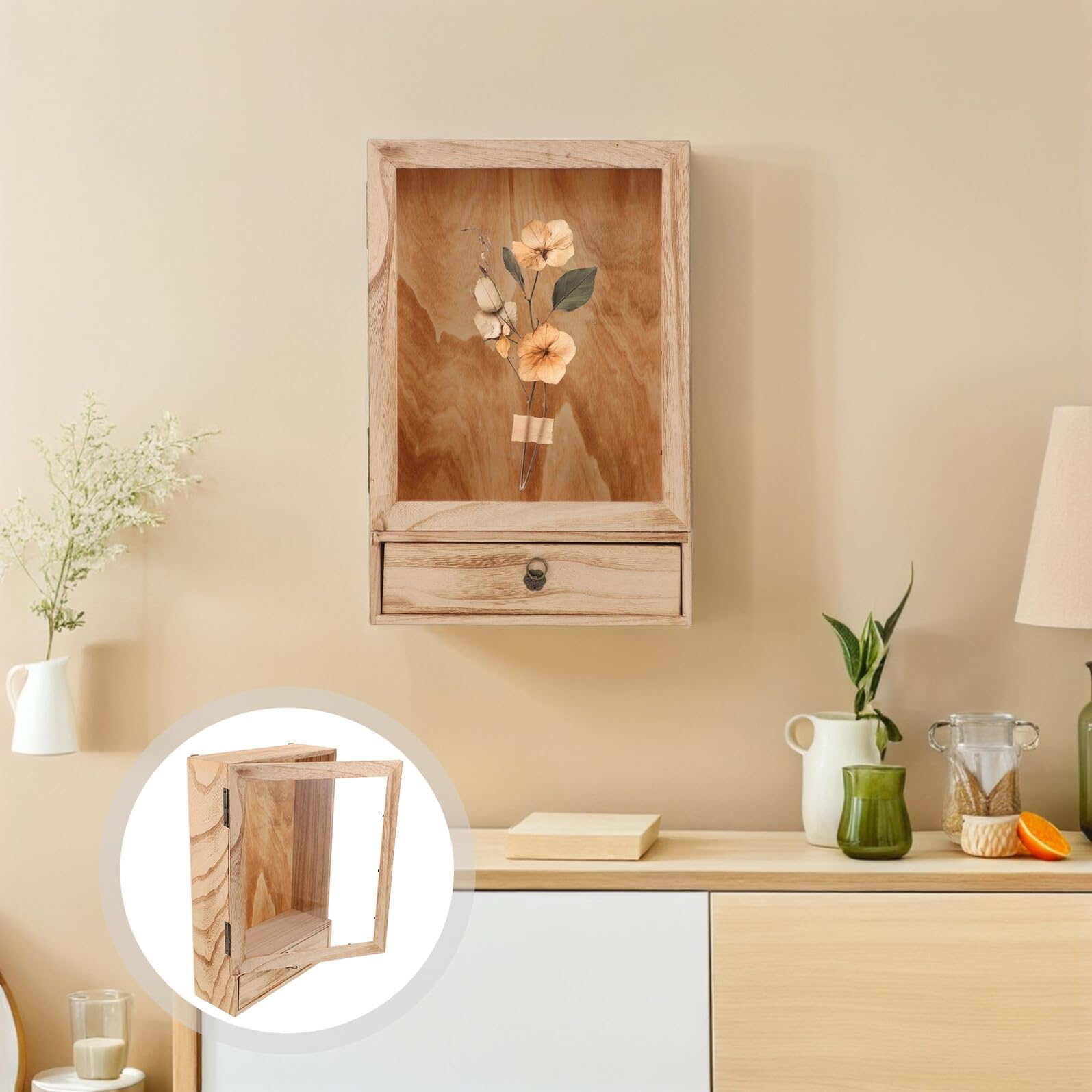 Veemoon Caja De Muestra De Madera Sólida Bastidor Vitrina para Coleccionables Marco De La Imagen Light Brown