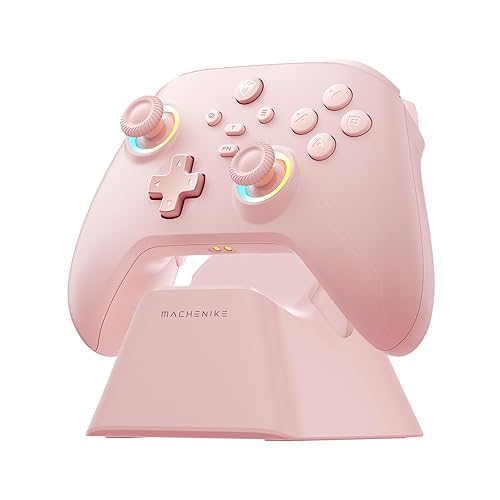 Machenike G3V2 Bluetooth Controller for Pc/Switch/Ios/Android, Hall Effect Joysticks, RGB Lighting Gaming Controller,2 Programmable Buttons,1000mah Battery With Charging Station, Pink - Pink PE UG
