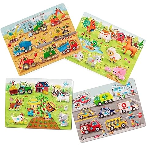 B. toys- Peek & Explore Puzzle 4-Pack- – Wood Toys for Toddlers, Kids – 8 Pieces Each – Vehicles, Trucks, Animals, Barnyard – 2 Years + Cover