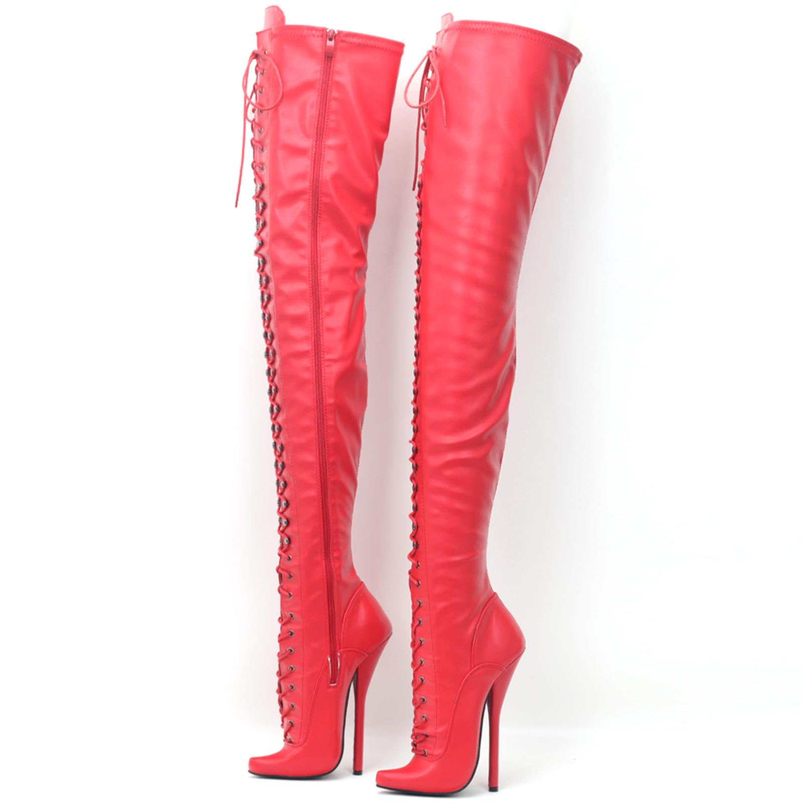 Tacchi Donna Teli Alti 18 Cm Stivali Alti Alti Allacciati in Pelle Brevetto Stivali da Ballo Sottile Tallone Fine,Red-44