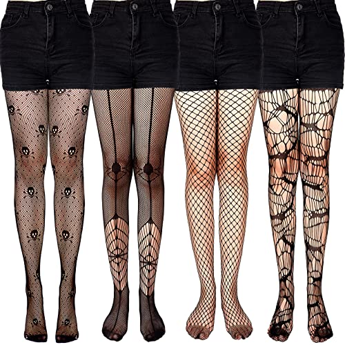 SATINIOR 4 Pcs Halloween Fishnet Tights Fishnet Thigh High Stockings Goth Skull Stocking for Women