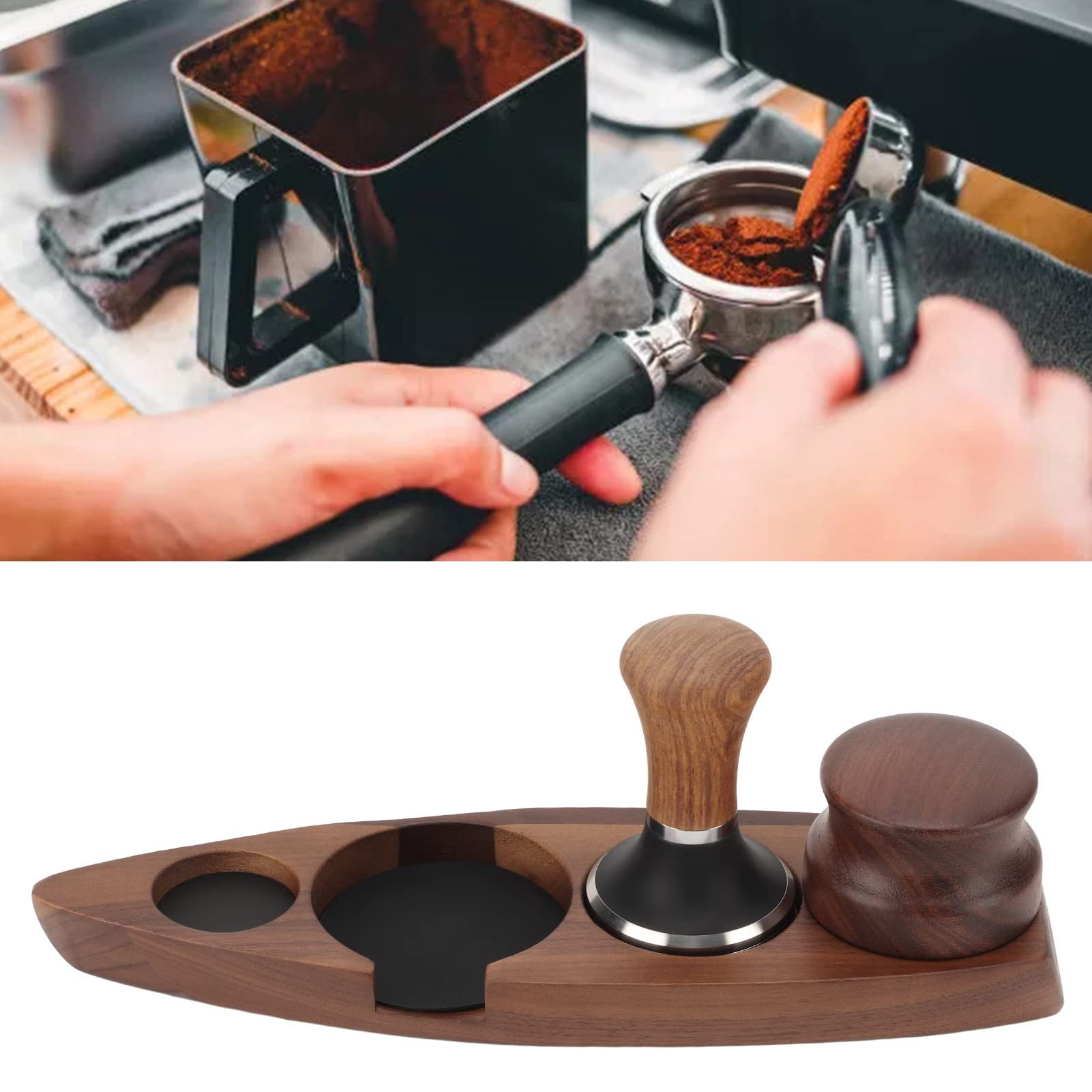 BestAlice - Juego de 3 Martillos de Café para Apisonar, Soporte para Filtro de Café, Alfombrilla para Café Expreso, Alfombrilla para Café de Madera de Nogal, Juego de Distribución de Acero(51 mm)