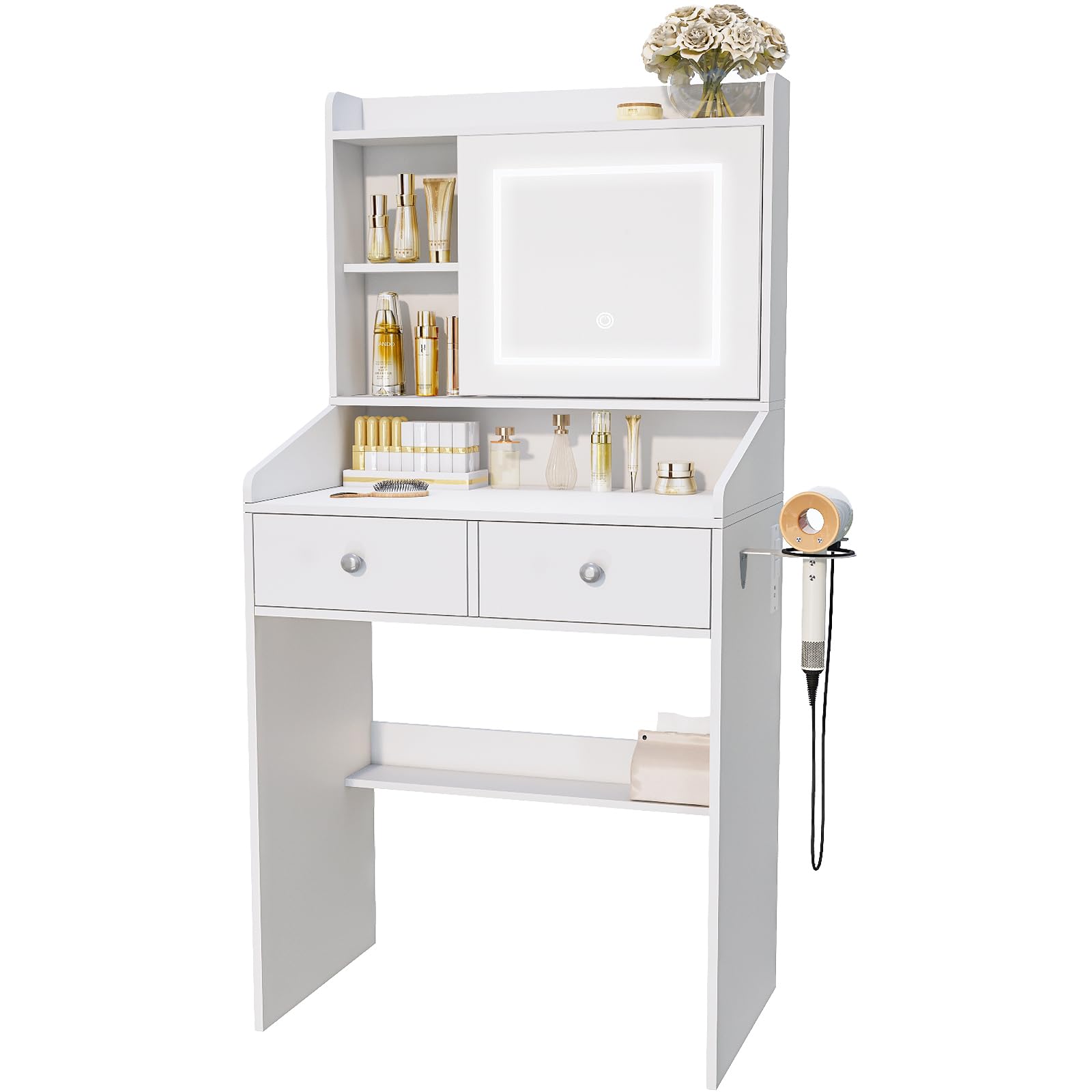 White Makeup Vanity with Sliding Mirror & LED Lights