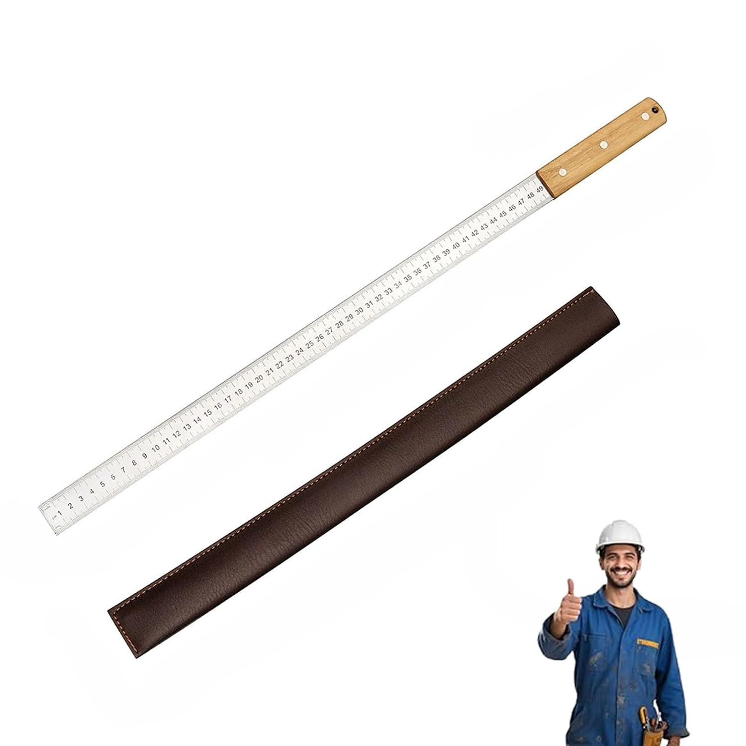 Measuring Straightedge, Centimeter-inch Double Graduated Measuring Tool, Steel Ruler with Leather Cover (Steel Ruler with Wooden Handle, Leather case)