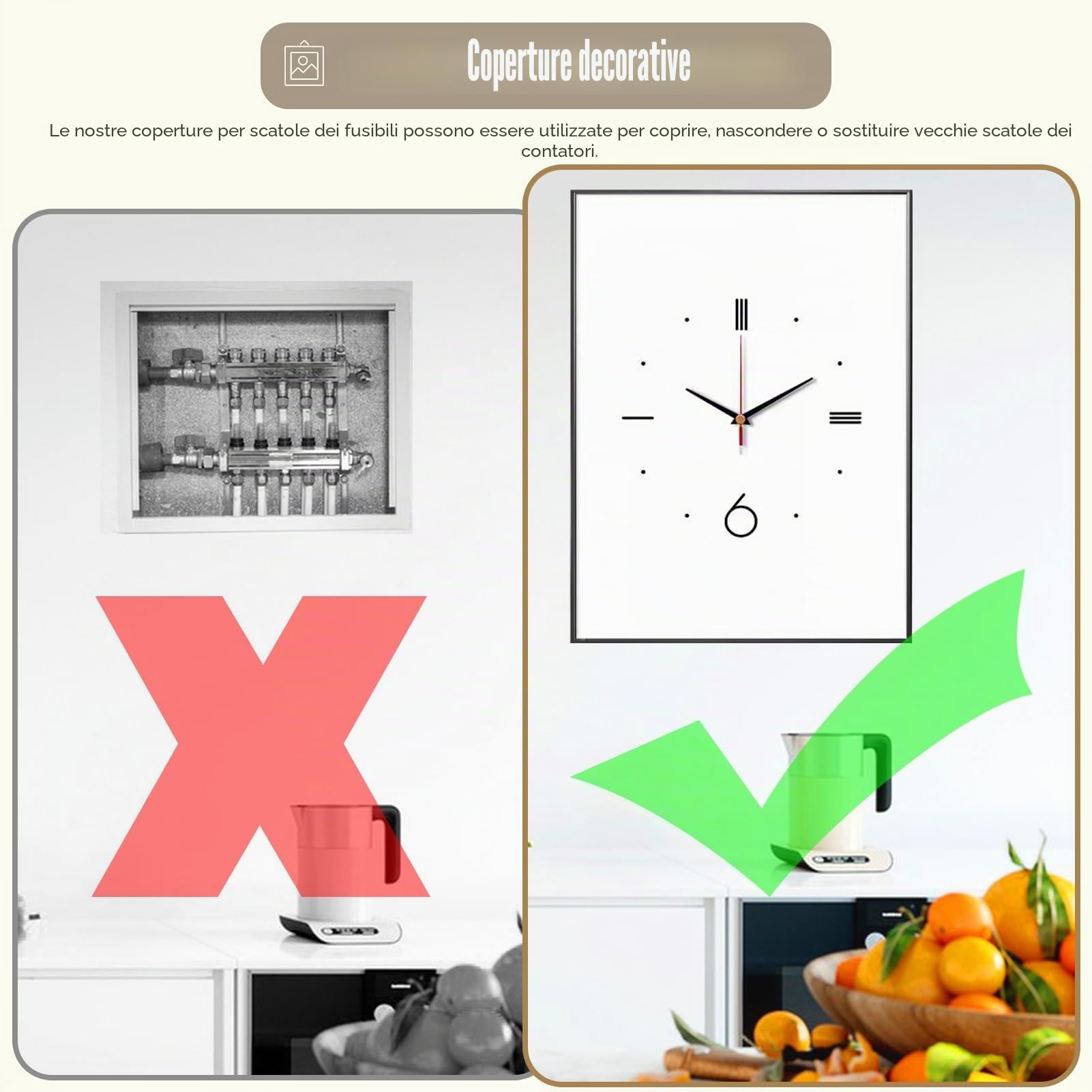 Copri Cassaforte a Muro Coperchio Della Scatola Degli Interruttori Verticali con Orologio, Coperchio del Quadro Elettrico Bianco con Pannello in Cristallo, Piastra Decorativa per Scatola dei Fusibili(