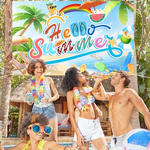 Image of Hello Summer Decor Banner, Easy To Install Summer Party Decorations Summer Fun Party Banners, Suitable for Summer Pool Parties Summer Bulletin Board Decorations Summer Birthday Party Decorations