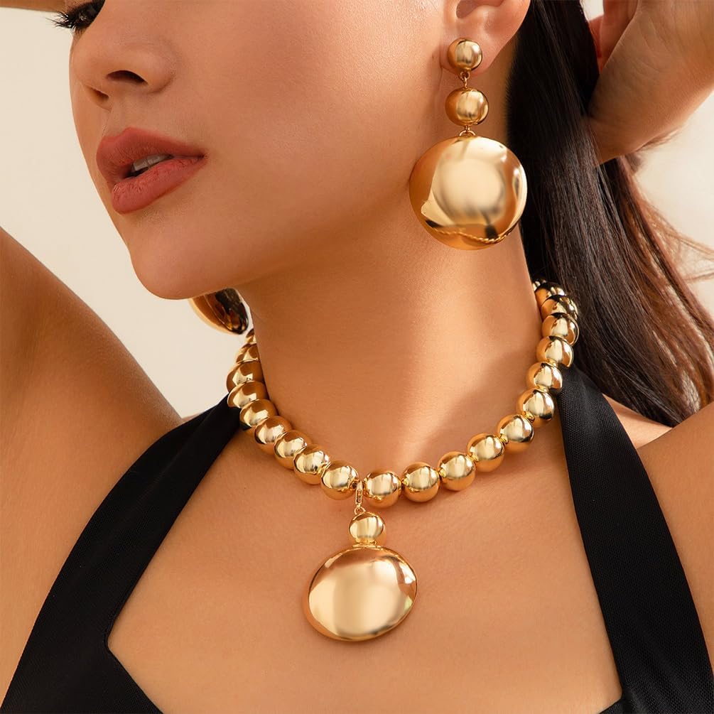 Chunky Gold Beaded Chain Choker Necklace Large Earrings for Women Statement Silver Beads Necklaces Exaggerated Big Round Half Ball Earring Party Jewelry - Image 8