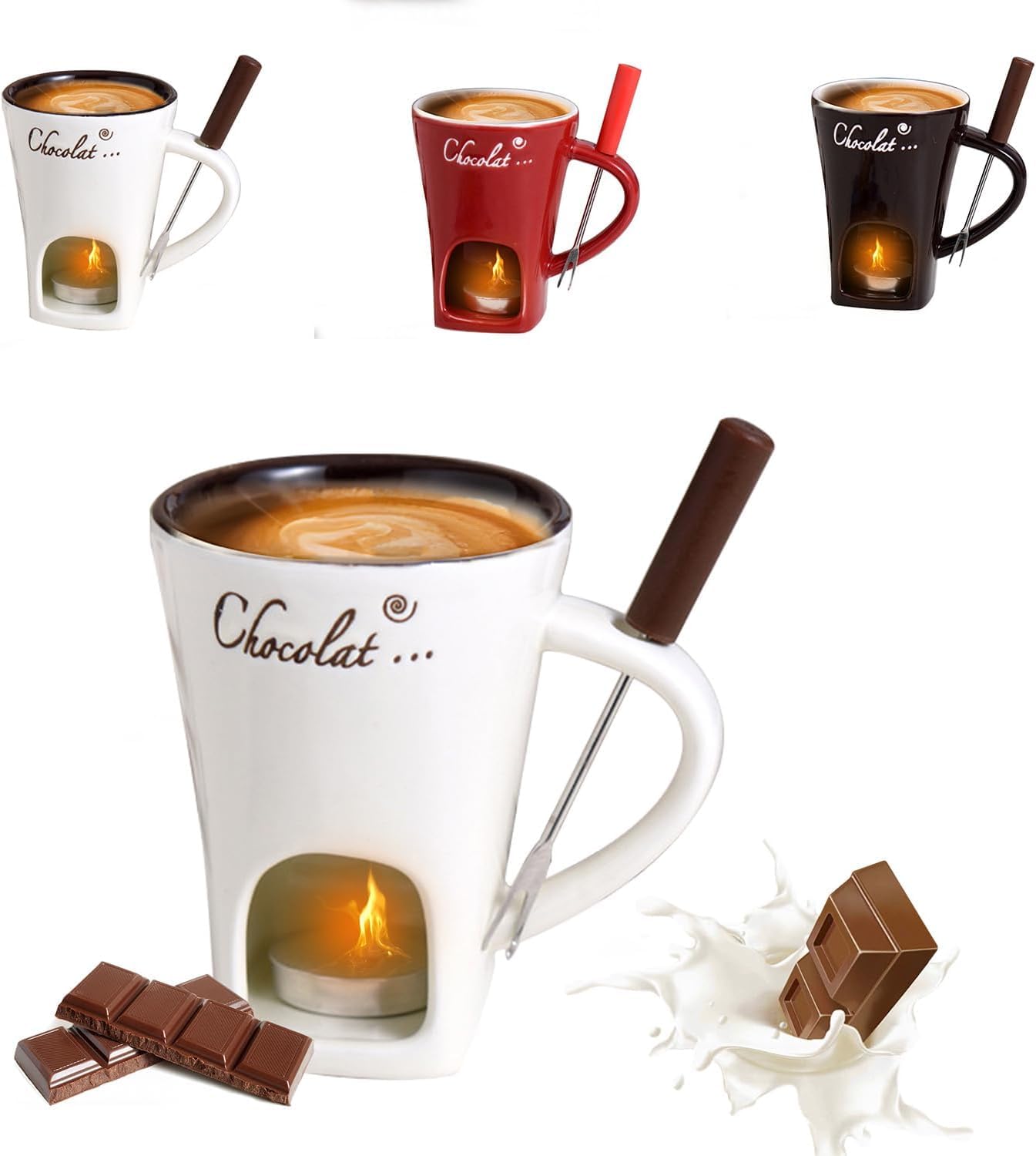 Chocolate Fondue Mugs Contain Fondue Bliss Cup & Forks, Chocolate Melting Cup, Mini Chocolate Fondue Set Without Tealights, Fondue Cups with Forks for Date Night Birthday Wedding Gifts (White)