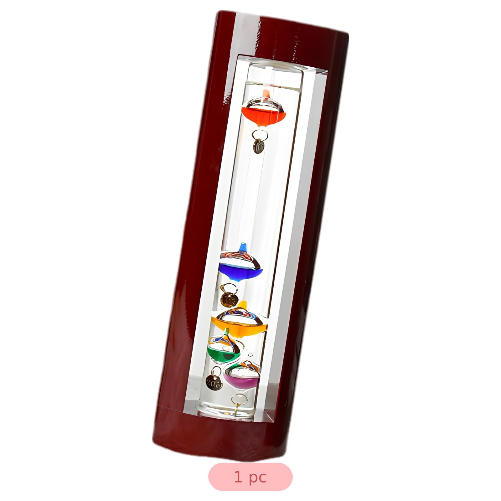 Galileo-Thermometer für den Innenbereich, 11 Zoll / 28 cm, Rahmen in Kirschholzoptik, 5 farbige Glaskugeln und Metallanhänger, Wetteranzeiger für Zuhause, Büro und Geschenkidee