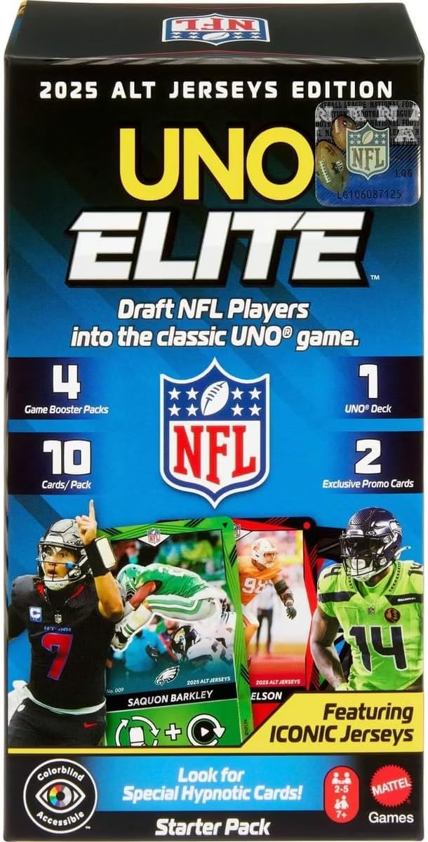 UNO Elite Card Game 2025 Alt Jerseys Edition Starter Pack with 4 Booster Packs & 2 Promo Cards