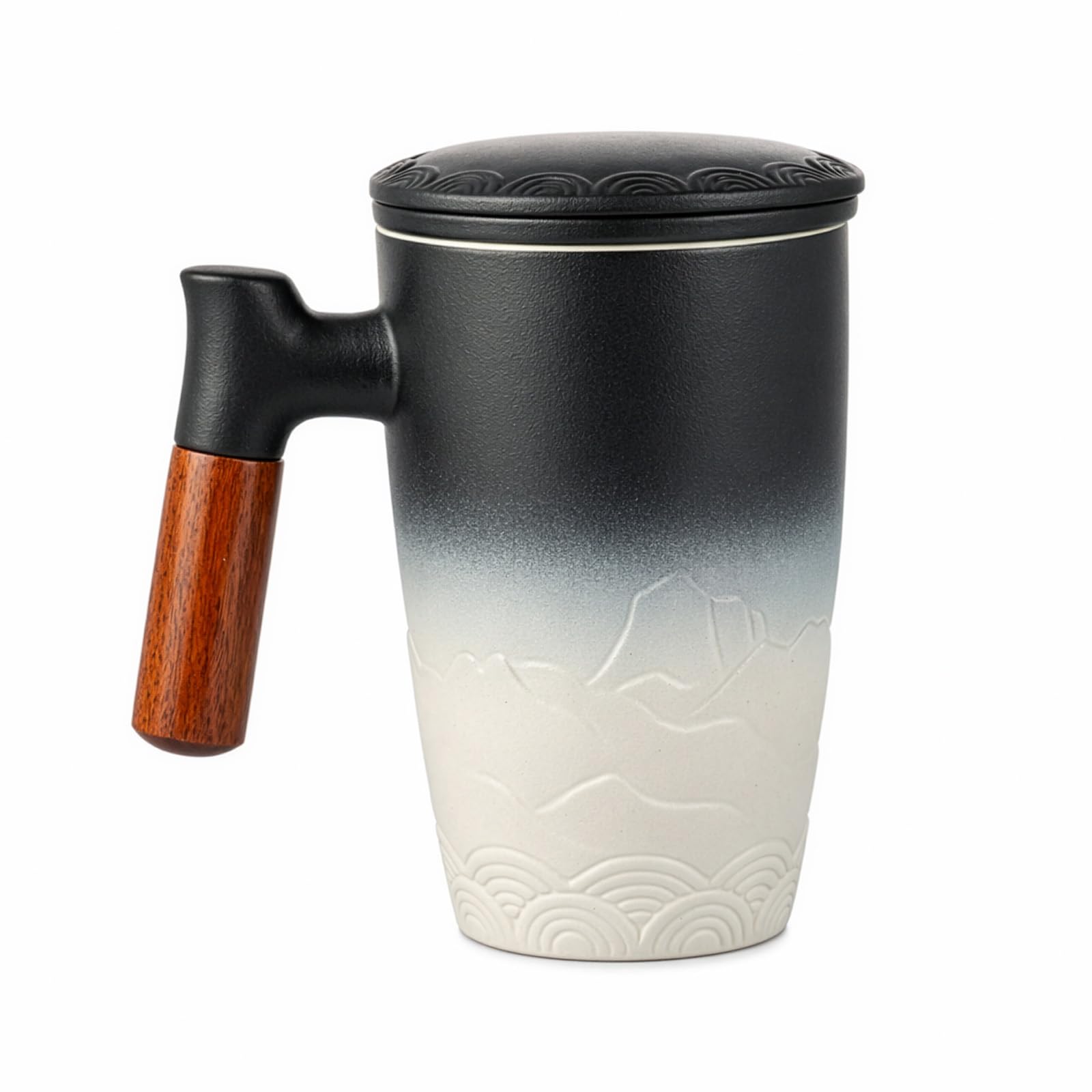 GreenWhim Tea Infuser Mug with Lid Wooden Handle Gifts for Tea Lovers, Steeper with Filter Cover Lid Tea Mugs Ceramic Tea Cup (Cyan,Black) (Black,White)