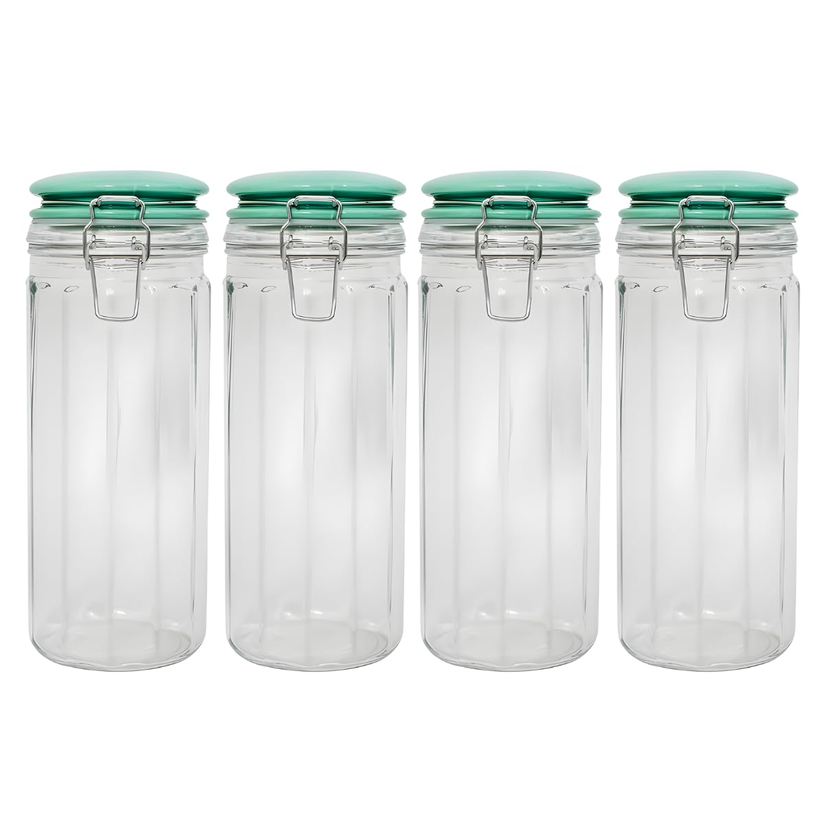 YöL Set of 4 Fluted Glass Storage Jar with Green Ceramic Lid 1350ml Airtight Clip Lock Food Container for Sweets Biscuits Coffee Sugar Pasta and Dried Foods Kitchen Organisation Canister
