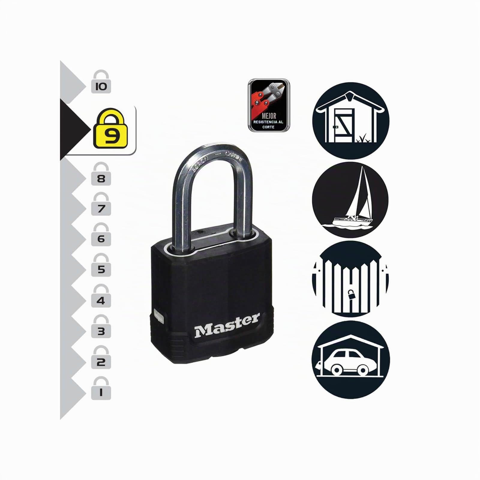 Master Lock M515EURDLH Candado Seguridad Llaves Acero Laminado y Antióxido Exterior, Arco Largo + Estanco + Contra la corrosión, Adecuado para Portales, Garages, Sótanos