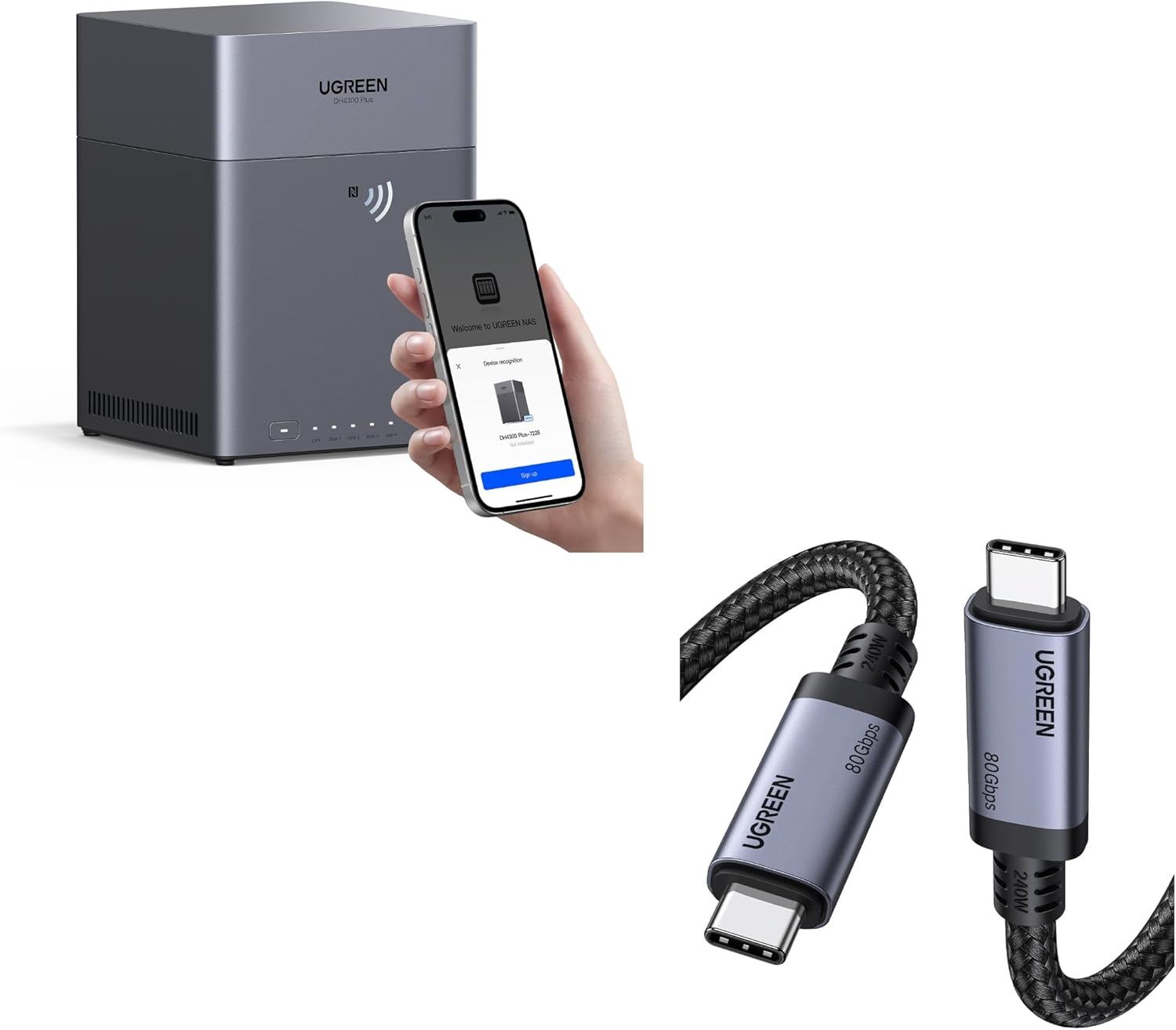 UGREEN NASync DH4300 Plus 4-Bay NAS + 240W USB4 Cable Bundle, Personal Cloud Storage for Home & Business, Supports 128TB, Remote Access, AI Album, 2.5GbE, 4K HDMI, and 80Gbps Data Transfer for MacBook