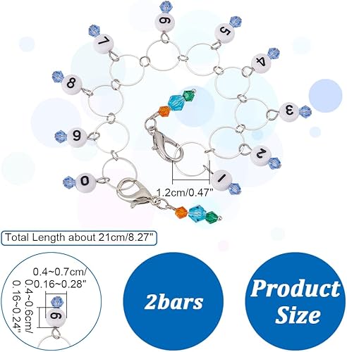 Miniatura 2 de NBEADS 2 cadenas de contador de filas de vidrio bicono, 1  10 números acrílicos de latón, marcador de puntada para tejer ganchillo seguimiento