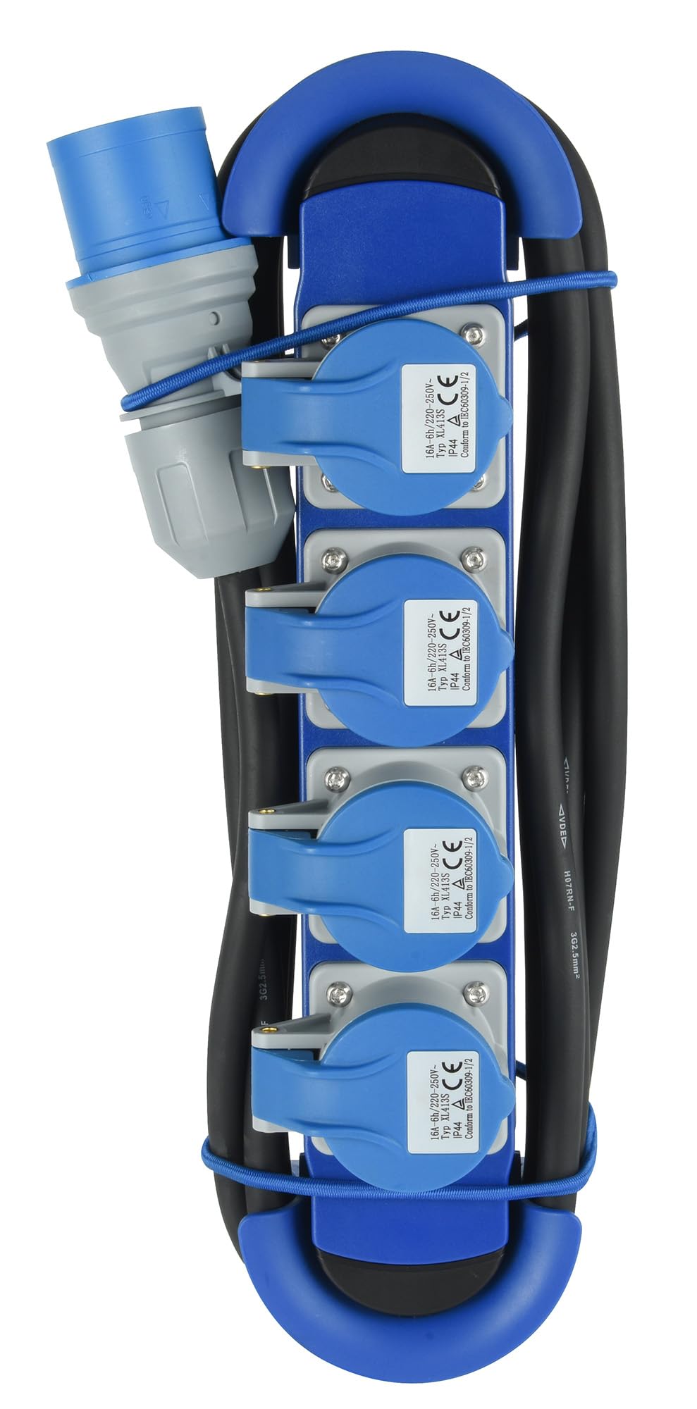 Electraline 62582 Professionelle Steckdosenleiste/Verlängerung für den Außenbereich IP44, CEE-Stecker,4-Fach (4 CEE Steckdosen 2P+E), 3 M Gummikabel H07RN-F 3G2.5, geeignet für Camping