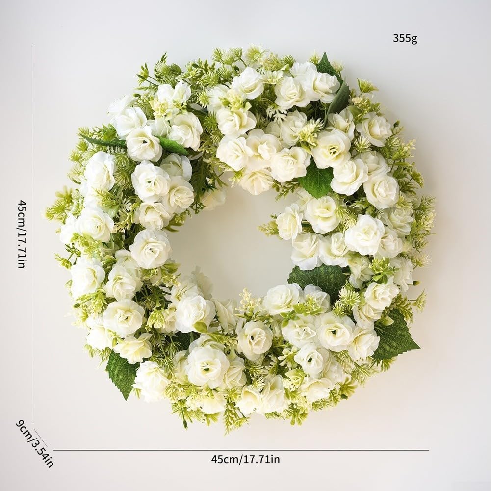Corona de flores artificiales blancas y rosas de 45 cm simulada para colgar en la pared, boda, fiesta, decoración del hogar (blanco)