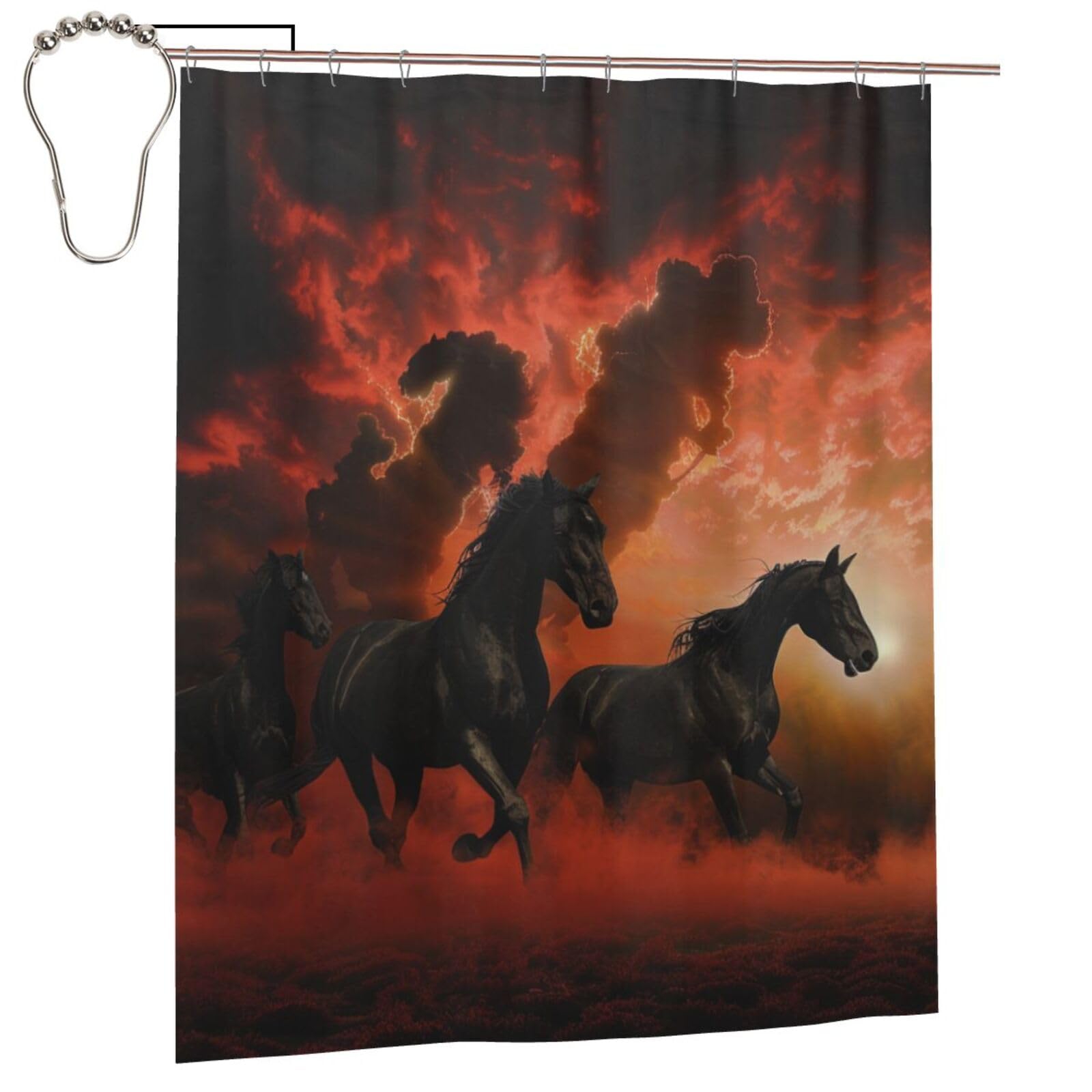 BWWHCCTI Black Horses Red Glowing Clouds Printed Shower Curtain With 12 Iron Hooks Opaque Quick Drying Waterproof Shower Curtains Sets For Bathroom 152x183 Cm