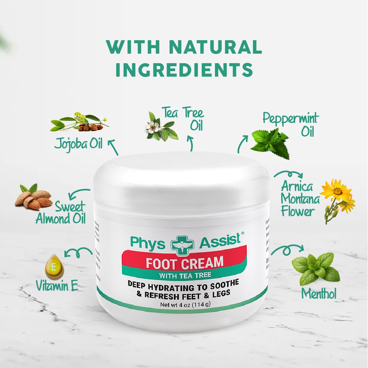 PhysAssist Tea Tree Foot Cream, Deep Hydrating 4 oz Jar