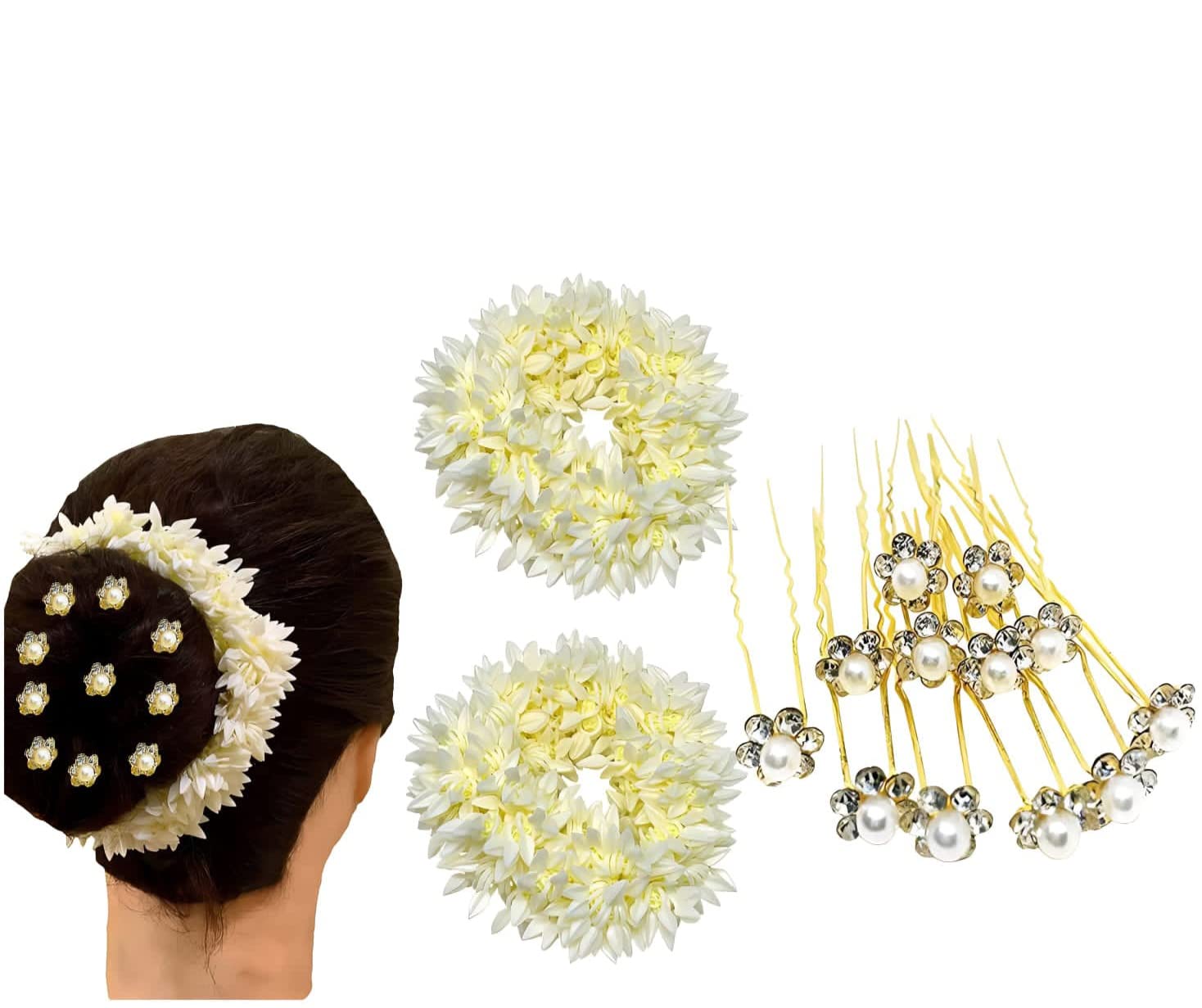 H.O.C® Bridal Hair 10pc Juda Pin/Fancy Golden Bun Pin With Pearl And Artificial Scented 2pc Mogra Gajra Rubber Band Scrunchies For Girls/Womens (B0C3XWMDNC) Amazon Price History, Amazon Price Tracker