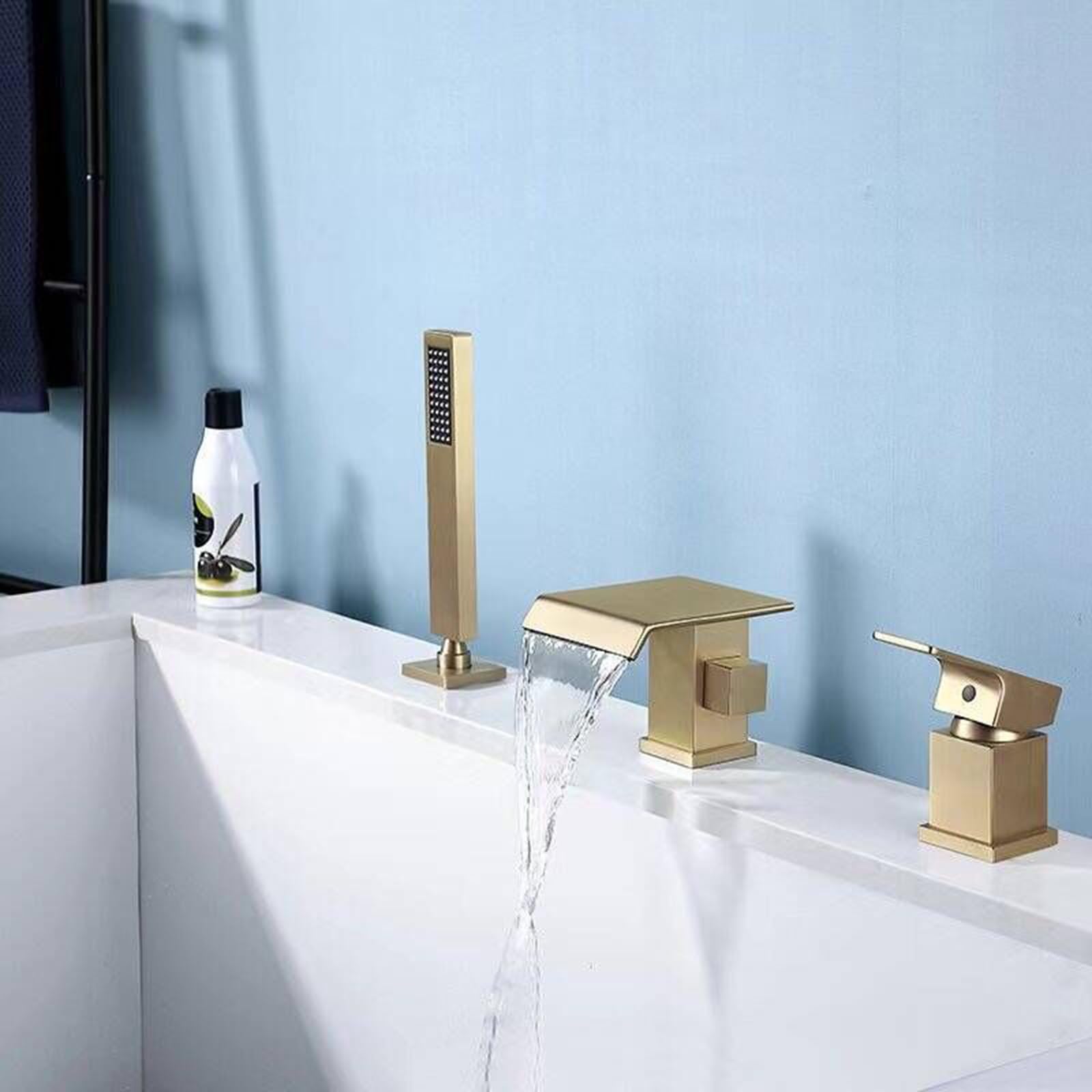 ZYCHSJXA Waterfall Tap Bath Mixer with Shower Attachment 3 Hole Taps Faucet Bathtub Brushed Gold