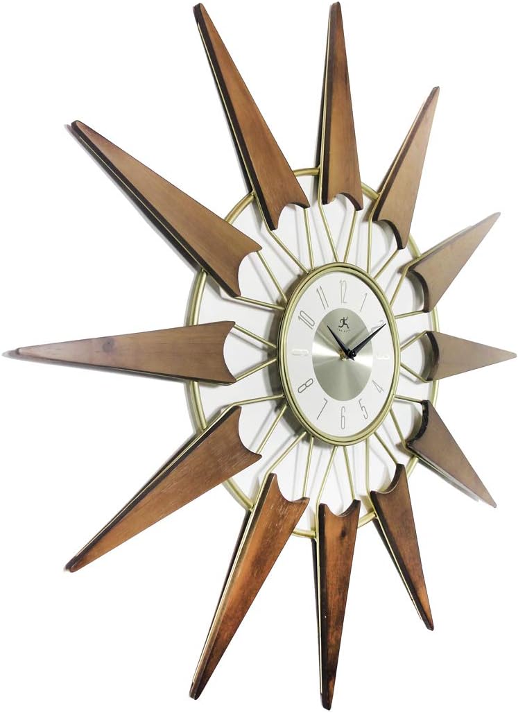 Infinity Instruments Nova Starburst Gold Wall Clock Vintage Mid Century Starburst Clock 31 inch Extra Large 50s 60s Mid Century Modern Decor Wall Hanging Sunburst Clock, Gold, Brown