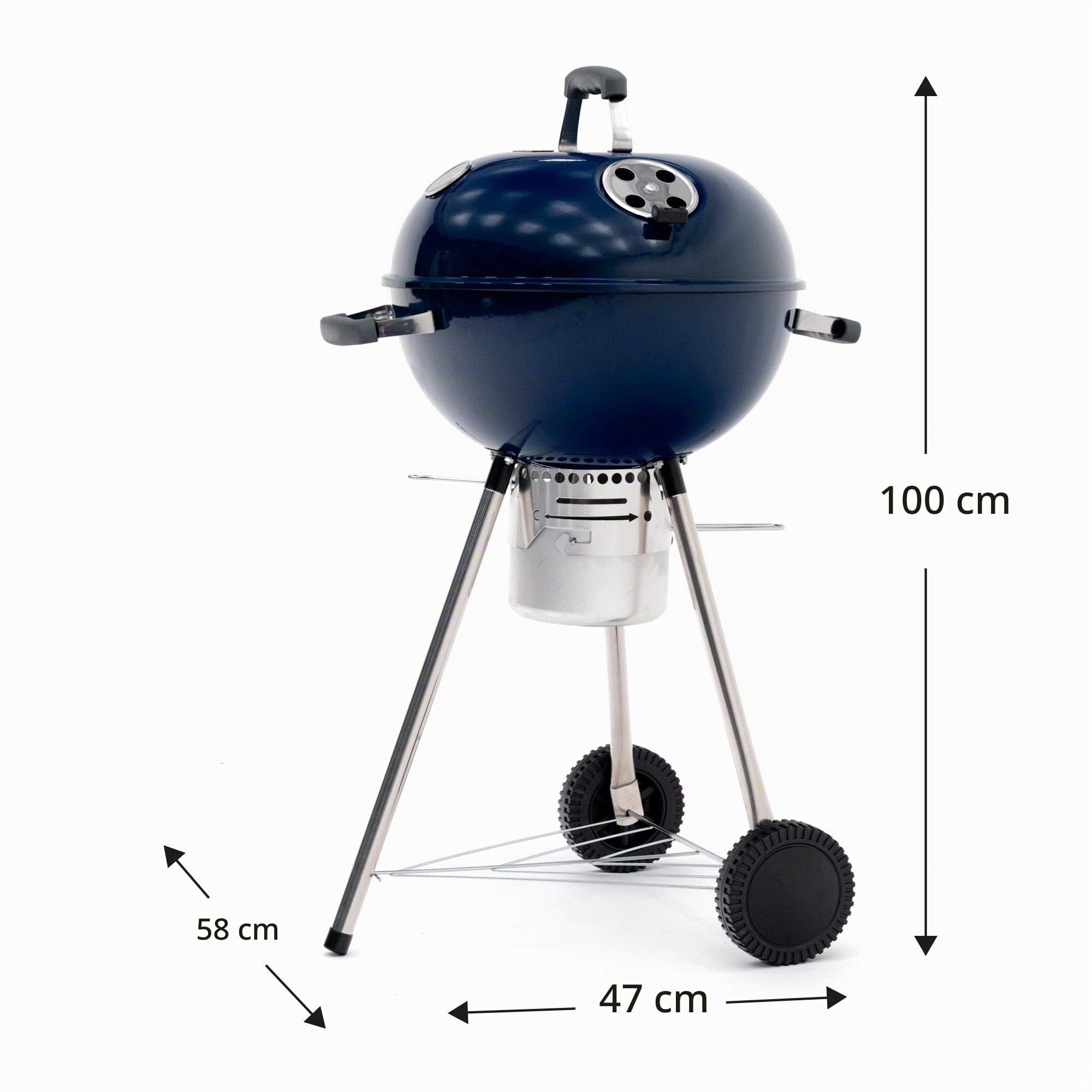 KEKAI Barbacoa de Carbón Portátil con Ruedas Yellowstone 58x47x100 cm de Acero Inoxidable Redonda con Tapa Protectora y Encendedor Acabado Esmaltado en Azul