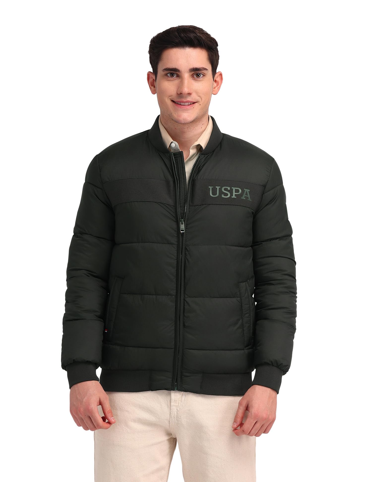 U.S. Polo Assn. Mens Green Solid Stand collar Long Sleeve Casual Polyester Regular Fit Jacket in green
