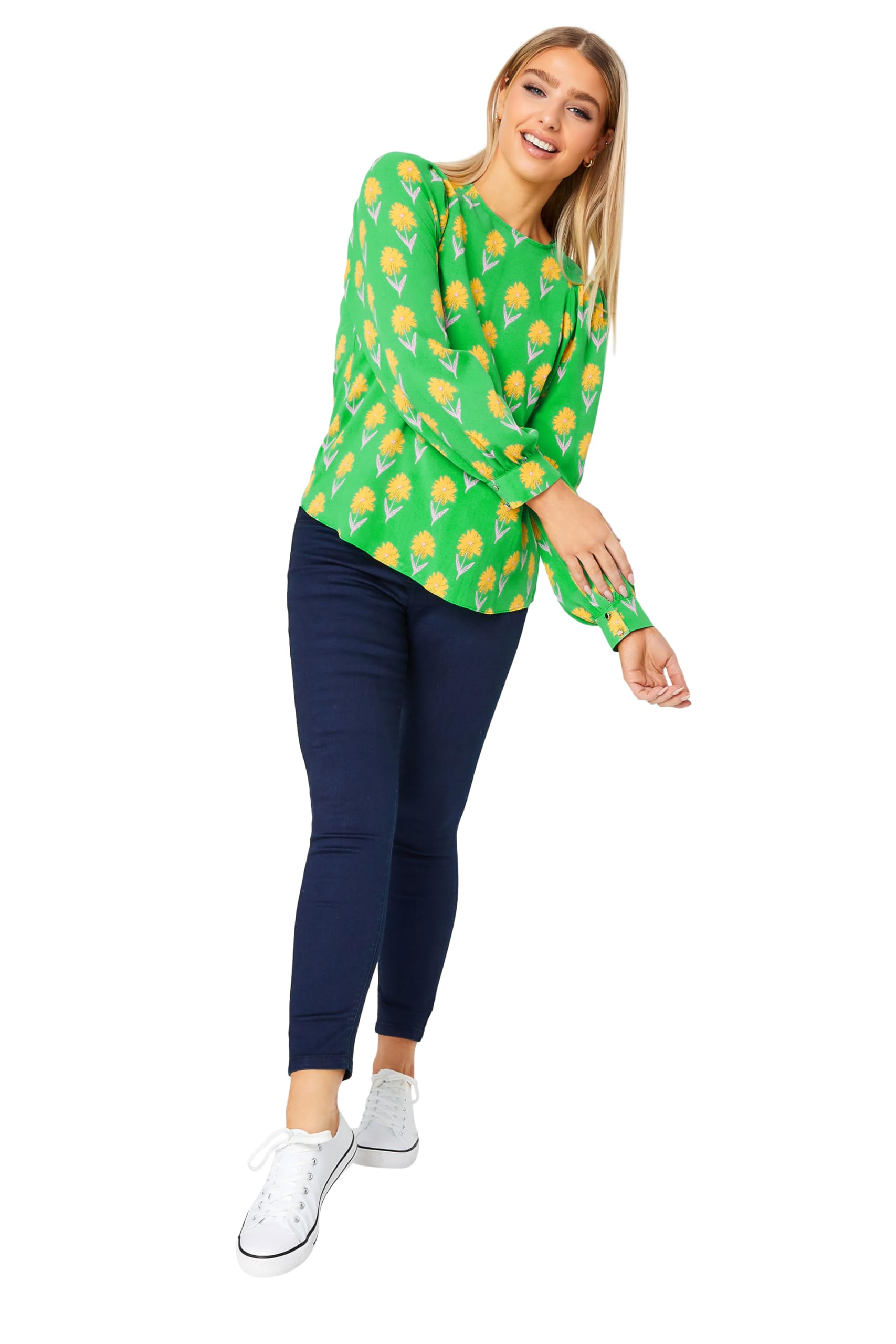 M&Co Women's Green Floral Print Long Sleeve Blouse