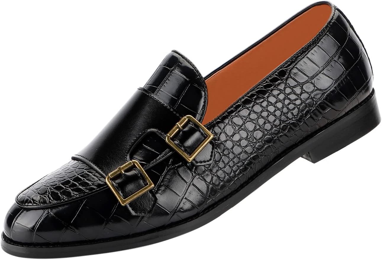 Santimon Men's Dress Loafer Shoes Double Monk Strap Slip On Loafers Formal Business Casual Dress Shoes for Men Black 10.5 US