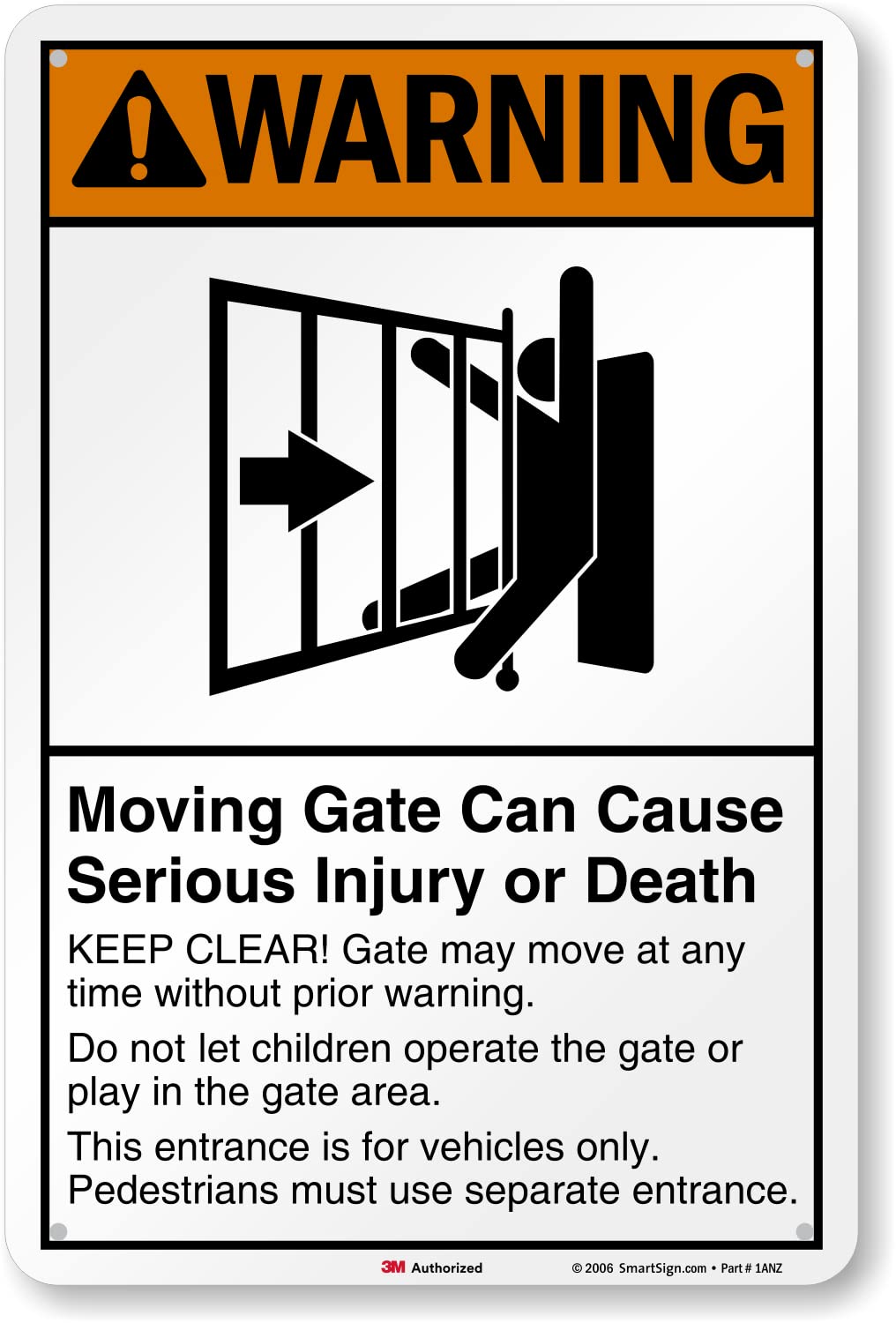 SmartSign 18 x 12 inch “Warning - Moving Gate Can Cause Injury Or Death” Metal Sign, 63 mil Laminated Rustproof Aluminum, Black, White and Orange, Made in USA — Amazon image 8