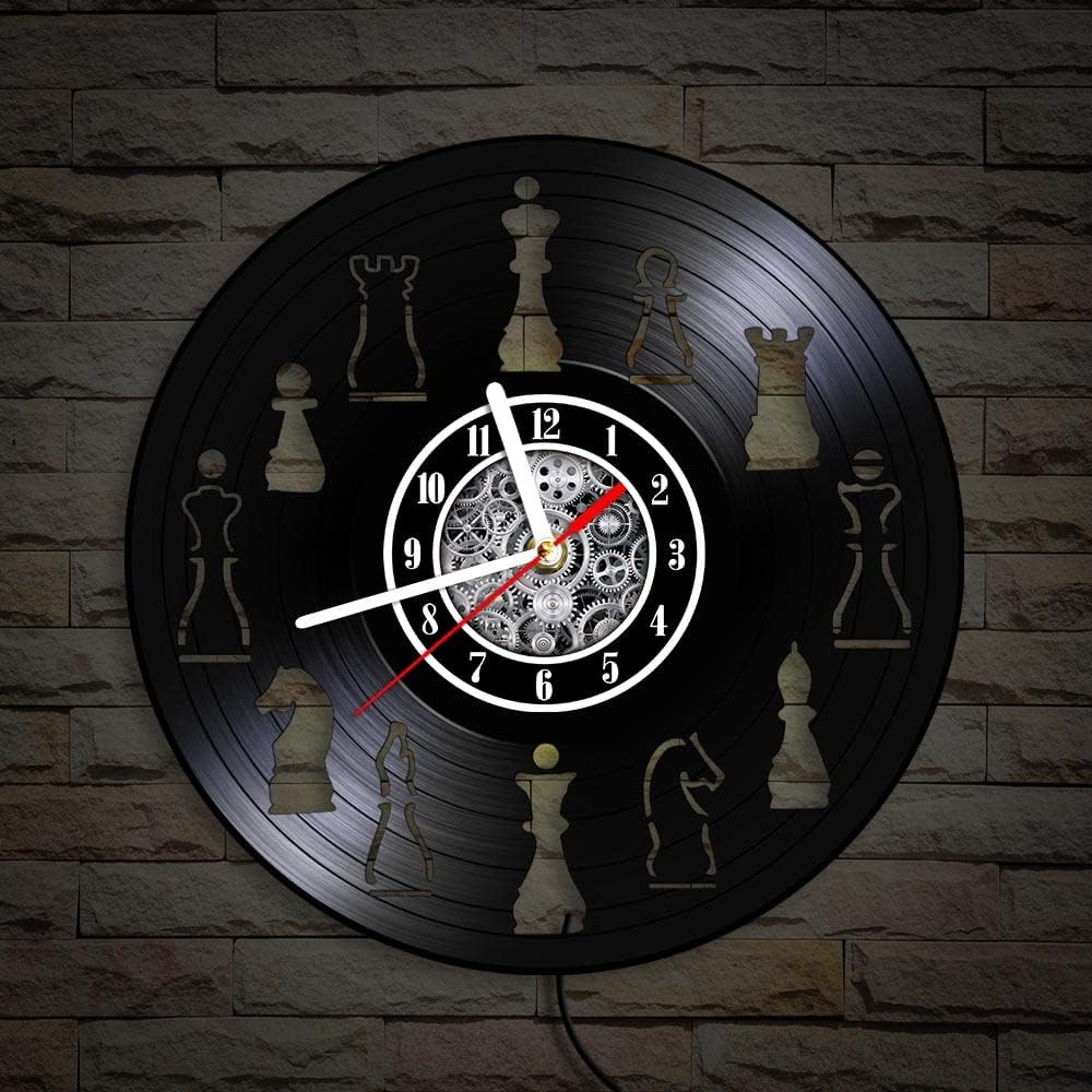 The Geeky Days Chess Piece LED Luminous Wall Clock,12inch Creative Chess Club Silent Non Ticking Vinyl Record Hanging Watch 7 Color Light Vintage Timepieces Chessman Chess Lovers Gift