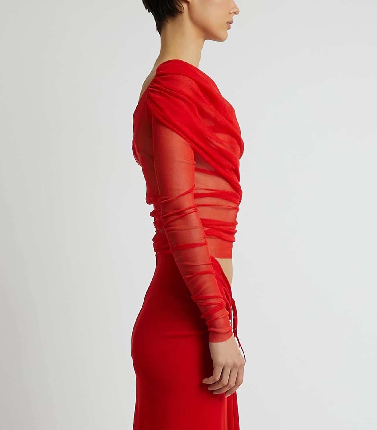 Womens Off Shoulder Long Sleeve Top Ruched Mesh Sexy Crop Shirt Slash Neck Slim Fit See Through Sheer Tee Tops - Image 5