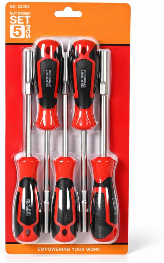 Nut Driver Set 5 PCS Heavy Duty CR-V Hex Nut Driver Kit with Magnetic Tips & Hollow Shaft | 5–10mm Hand Nut Driver Set for Electrical, Automotive & Industrial Use