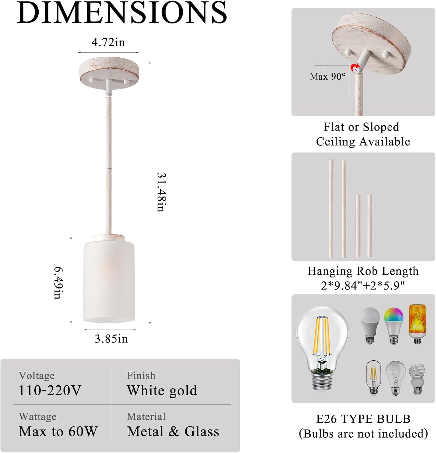 1-Light Mini Pendant Light Fixtures, Industrial Chandelier Hanging Ceiling Lights with Opal White Glass, Adjustable Height, White Brush Gold Pendant Lamp, 3 Pack