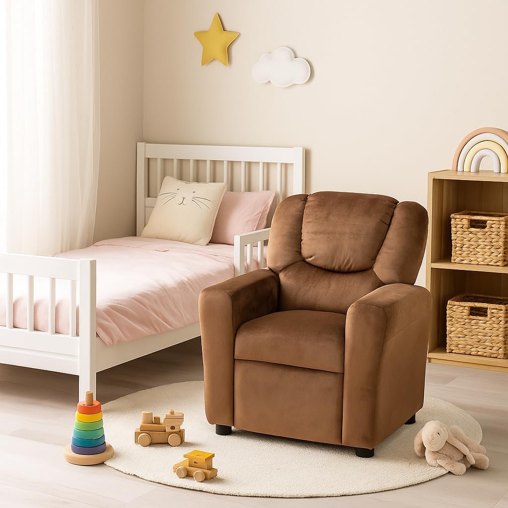 Naomi Home Suri Kids Recliner Chair with Cup Holder & Footrest, Built to Grow with 150 lbs Capacity, Solid Hardwood Frame, and 3 Recline Positions for Toddlers & Children, Brown,Microfiber