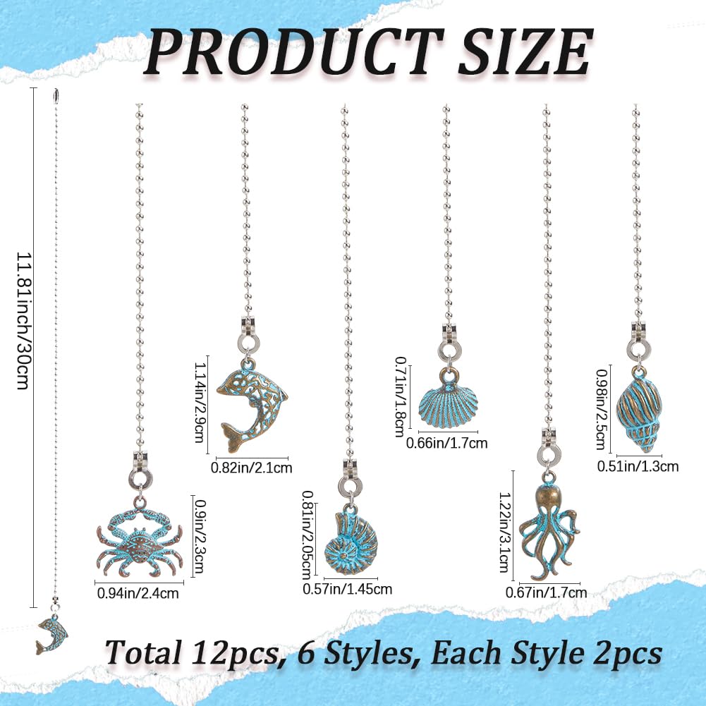 CRASPIRE 12Pcs Seashell Ceiling Fan Pull Chain Alloy Dolphin Crab Octopus Ocean Marine Animal Vintage Green Patina Hanging Pendant Charm Ball Chain Dangler Extension for Ceiling Fan Light Lamp Decor - Image 3